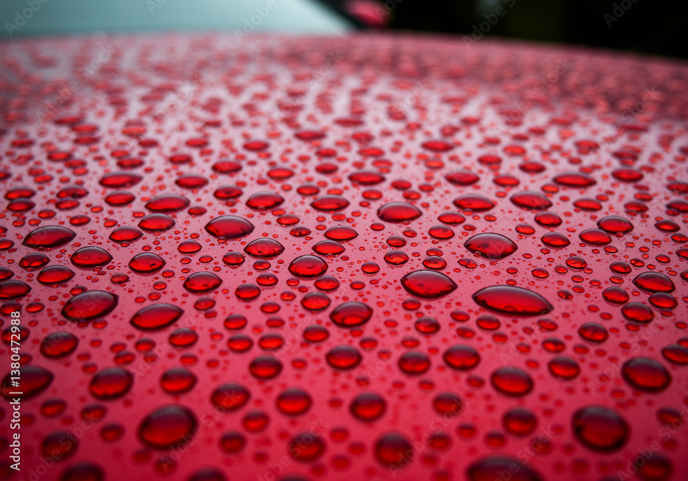 Poster water droplets on red surface create an abstract pattern with reflections and refractions showcasing