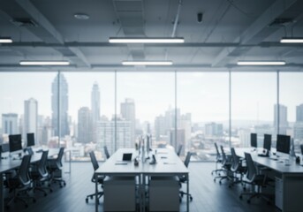 Obraz premium A blurry office space with desks chairs computers and a large window overlooking a city skyline