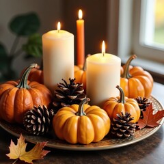 Autumnal centerpiece with gourds, pinecones, and candles, candlelight, seasonal arrangements