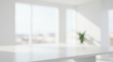 Fototapeta premium A blurred view of a bright white room with large windows and a plant on a shelf near the window light