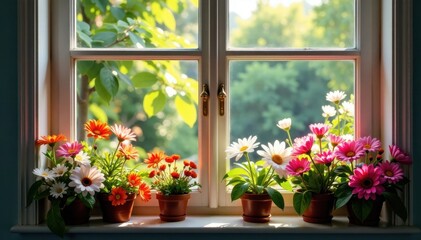 A variety of colorful flowers fill the window space, garden view, window flowers