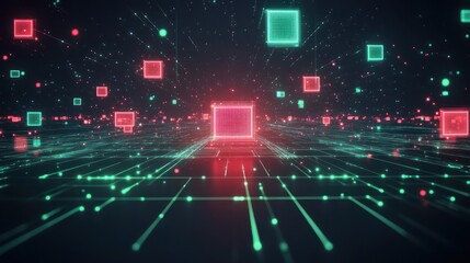 A futuristic digital technology background with glowing red and green light squares at the center of a vast dark space, connected by glowing lines and floating dots