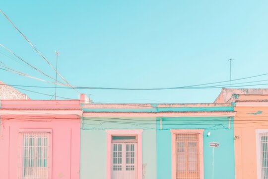Pastel Buildings Row with Sky and Wires