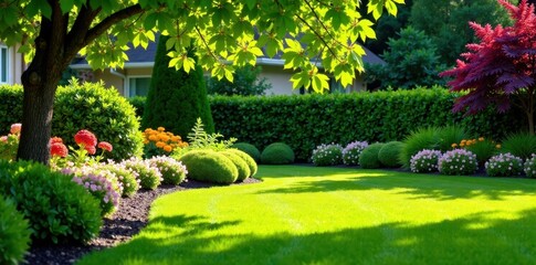 Obraz premium Beautifully manicured lawn and flowerbed with colorful shrubs and trees in a sunny yard, plants, garden