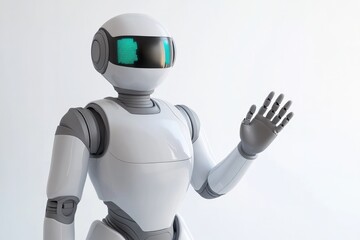 Friendly robot with sleek design and glowing eyes waves, showcas
