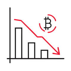 Decline of the crypto market with downward trend graph and bitcoin symbol, Cryptocurrency Fall Chart Icon for financial apps, blockchain platforms, analytics dashboards, fintech startups and investmen