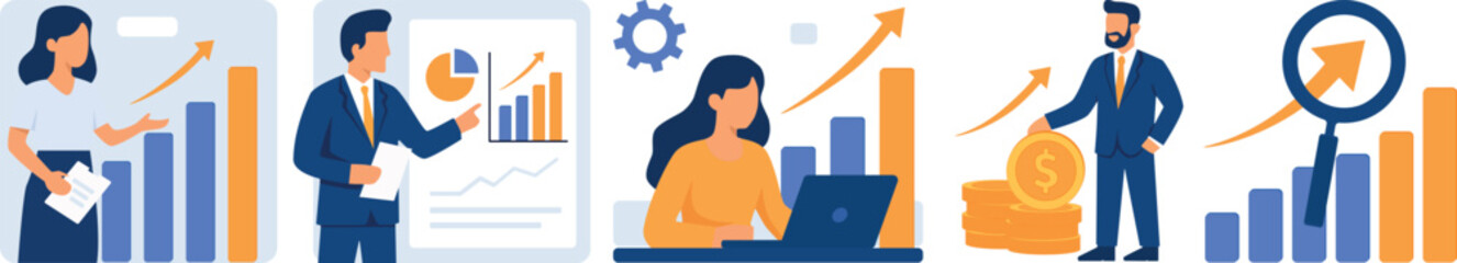 A series of 5 vector images growth and analytics in business
