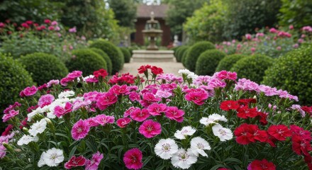 A garden path lined with round bushes and colorful dianthus flowers leading to a fountain statue