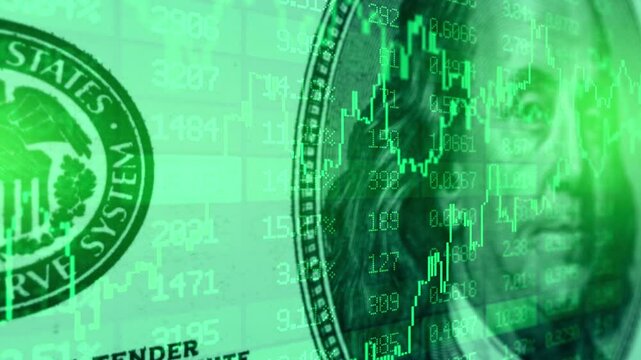 American bullish stock market trading graph in green color. United States 100 dollars bill on background. Economic growth. US economy chart. Stocks uptrend