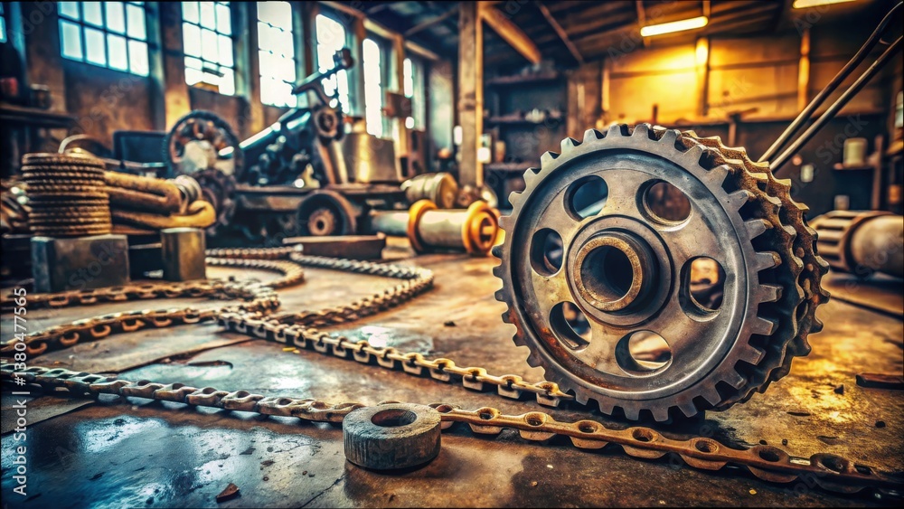 Poster Gears and Chains on Workshop Floor with Tools and Machinery