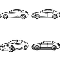 Set of car icons in vector style with various vehicle designs including sedan, truck, and sport cars