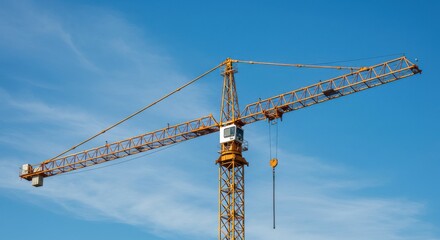 A yellow crane against a clear blue sky with few clouds on a sunny day construction equipment shown