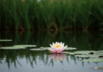 A water lily with pink petals and yellow center floating on a pond with green reeds behind it