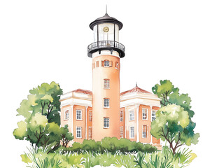 A beautiful watercolor illustration of a historical lighthouse, surrounded by lush greenery, showcasing its stunning architecture and vibrant colors against a white background.