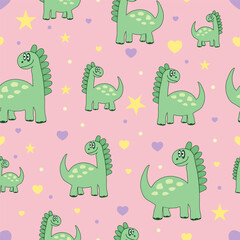 Seamless pattern with cute cartoon dinosaurs, pastel hearts, stars and dots on pink background. Perfect for kids fashion, baby clothing, nursery textile and girls decor.