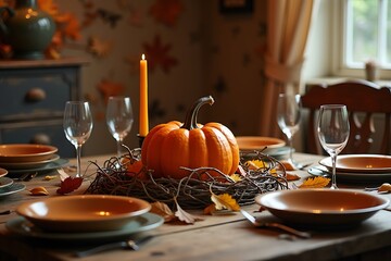 Elegant Thanksgiving Table with Rustic Pumpkin Centerpiece and Candles