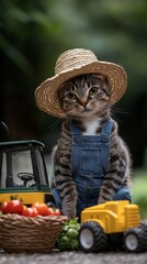 A playful kitten in overalls and a straw hat stands beside a toy tractor. Surrounded by fresh vegetables, it captures a charming farmyard vibe. Generative AI