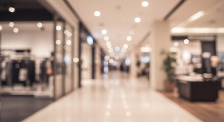 Fototapeta premium Blurred view of a shopping mall hallway with storefronts and bright overhead lighting fixtures present