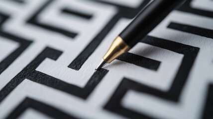 Pen drawing a straight path through a maze, symbolizing creative solution