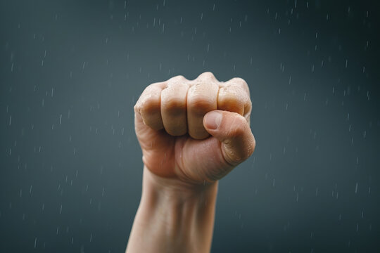 A close-up of a clenched fist against a dark background, with rain falling, symbolizing strength, defiance, or resilience.