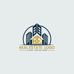 Elegant BE Real Estate Logo with Urban Skyline