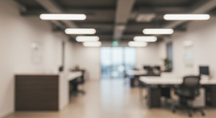 Fototapeta premium Blurred office space with desks chairs and lighting fixtures in a modern corporate environment