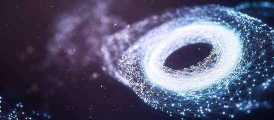 Fototapeta premium A glowing white and blue digital spiral made of interconnected particles, floating in the dark void of space