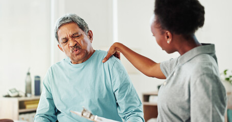 Senior man, shoulder pain and woman with physiotherapy, assessment and questions at clinic. People,...