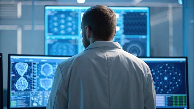 A researcher in a lab coat analyzes data on multiple high-tech screens, showcasing complex scientific visuals and technology-driven research.