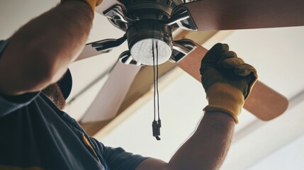 A construction worker installing a ceiling fan. Featuring focus and safety