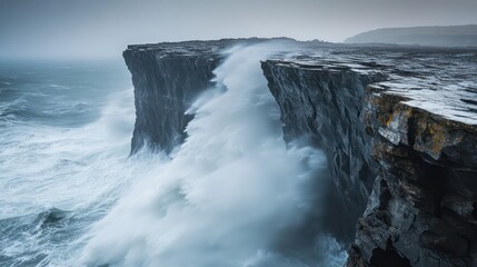 Fototapeta premium jagged secliff of towering waves, water smashing intorocks with thunderous force, misty air obscuringdistant horizon,storms intensity captured in breathtaking realism,