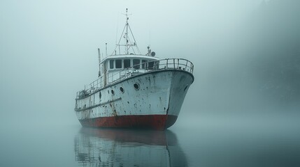 Fototapeta premium Enigmatic Vessel in Misty Waters: A Solitary Ship in Fog