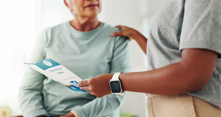 Healthcare, patient and doctor with brochure for consultation, diagnosis information and clinic service. Hands, medical consultant and senior woman with pamphlet for advice, recovery tips and support