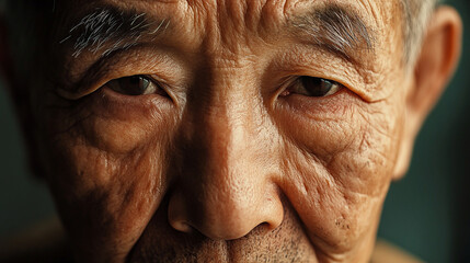 Obraz premium Close-up of an elderly Asian man with deep wrinkles