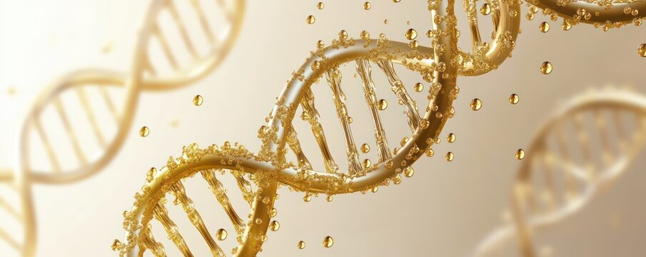 A golden DNA double helix shimmering against a soft cream-colored background, with drops of golden liquid flowing gracefully along the strands, leaving reflective trails