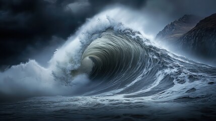 massive rolling wave curling over itself before crashing down, white foam cascading like waterfall, wind slicing throughmist,heavy storm sky darkeningentire landscape,