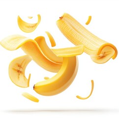 2 Flying delicious banana slices isolated on white background