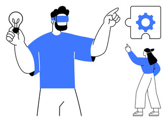 Two individuals brainstorming, one holding a lightbulb representing innovation, another pointing at a puzzle piece with a gear symbolizing solutions. Ideal for teamwork, creativity, brainstorming