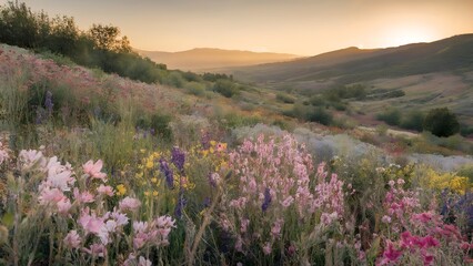 Obraz premium A hillside blanketed in wildflowers is shown at sunset. The mountains in the background capture the beauty of nature and landscape.