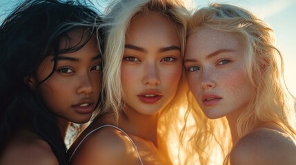 Fototapeta premium Sunlight casts a warm glow on three friends standing close together, showcasing their vibrant personalities and unique beauty during a magical sunset by the ocean