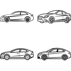 Set of car icons in vector style with various vehicle designs including sedan, truck, and sport cars