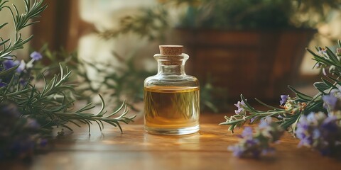 Essence Bottle Surrounded by Herbs on a Rustic Wooden Table in Soft Morning Light