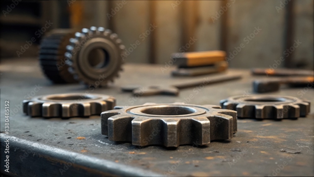 Poster Scattered Mechanical Parts on Metal Surface in Workshop Setting