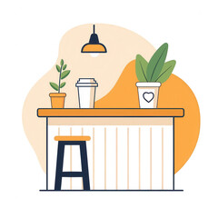 A cozy workspace featuring a wooden table with a stool, a coffee cup, and potted plants, illuminated by a stylish pendant lamp, perfect for relaxation or productivity.