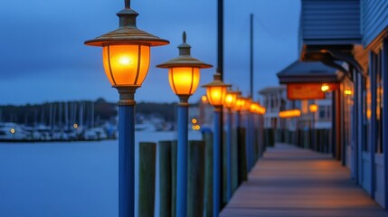 Illuminated Lamps Lined Along a Wooden Dock at Dusk