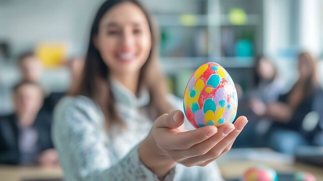Businesswoman leading a seminar on seasonal marketing strategies, holding an Easter egg as an example