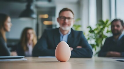 CEO explaining leadership principles in a conference room, incorporating an Easter egg as a symbol of fresh ideas