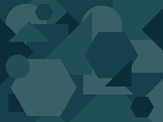 Obraz premium Abstract geometric background with overlapping circles, squares, triangles and hexagons in turquoise tones