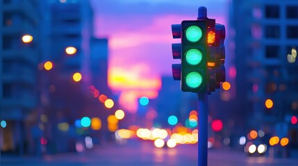A vibrant traffic light displays a green signal against a colorful sunset backdrop, illuminating the urban streets.