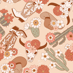 Seamless vector pattern with western cowboy boots, hat and blooming cactus. Hand drawn groovy rodeo background. EPS 10 vector file. Perfect for textile, wallpaper or nursery print design.